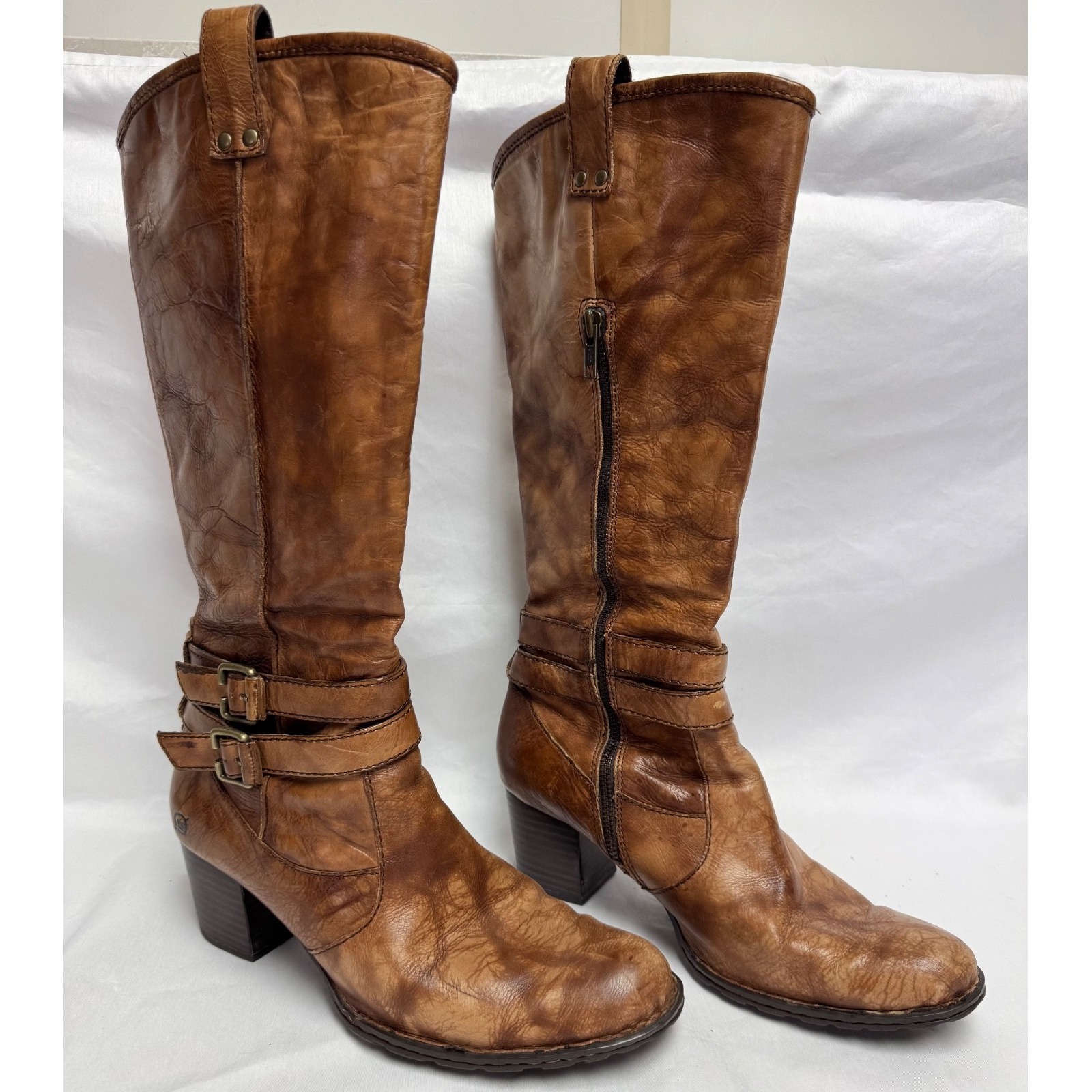 Womens Born Brown Leather Knee High Boots Riding Distressed Size 10